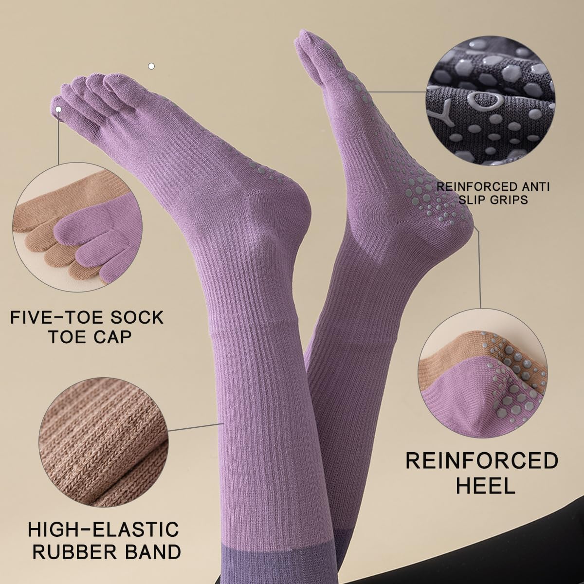 2-Pair Women's Non-Slip Yoga Socks, Silicone Toe Grip for Pilates & Ballet Training