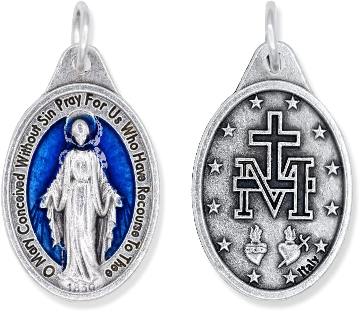 Caritas et Fides Pack of 5 - Miraculous Medal Pendants 1" Silver Oxidized Blue Miraculous Medal Pendant for Necklace, Medals for Jewelry Catholic - Made in Italy - Image 2