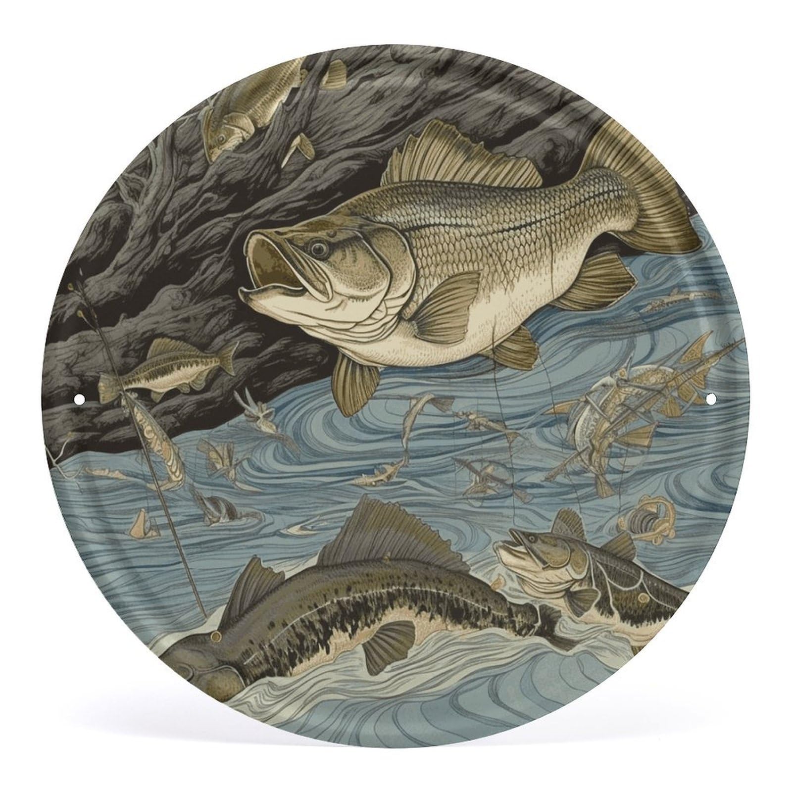 Fodpand Style Fishing Round Wall Art Hanging Decorations, Wall Decor Modern Minimalist Artwork, Tin Sign Hanging Picture For Living Room, Bedroom, Office, Hallway, 11.8X11.8 Inch