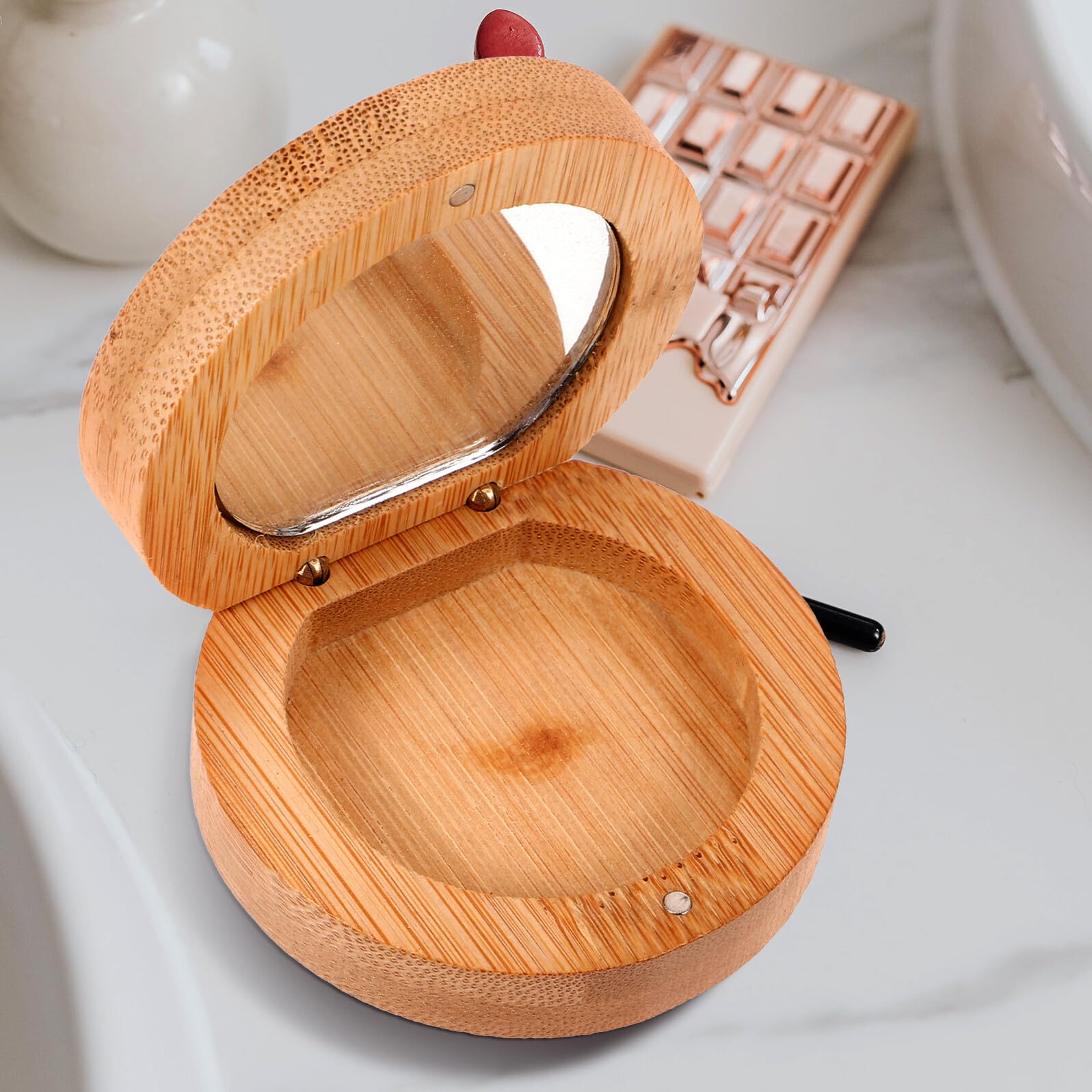 Espejo Compacto de Maquillaje de Bambú Natural Espejo de Bolsillo Portátil para Mujeres de Mano Pequeño para Viaje y Retoques Cualquier Lugar