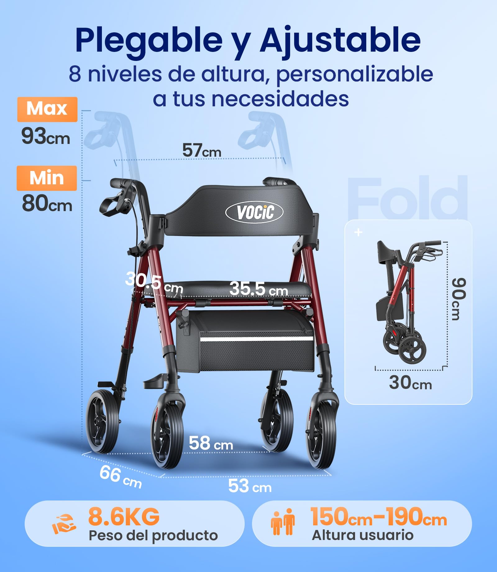 VOCIC Andador plegable y ligero con asiento, andadores estrechos para apartamentos, andadores para personas mayores, plegable con neumáticos de 20 cm para todo terreno, asiento y mango de altura