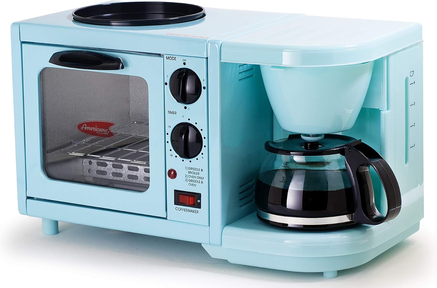 Elite Gourmet Americana Coffee Maker Toaster Oven Griddle 3-in-1 Multi-Function Breakfast Center, 4 Cup, Black