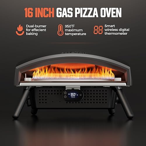 Miniatura 3 de Horno de pizza de propano de 16 pulgadas, horno de pizza de gas al aire libre con sistema giratorio y termómetro integrado, máquina de pizza de