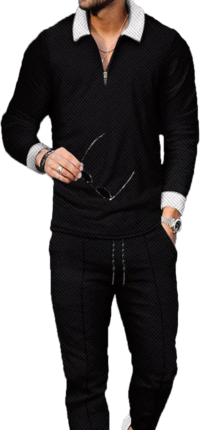 Mens Tracksuit Set 2 Piece Long Sleeve Polo Shirt and Pants Jogging Sweatsuits Sets Casual Fashion Vacation Outfits