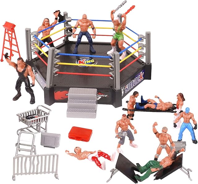 YIJIAOYUN Mini Wrestling Figures Playset include 12 Small Action Figure Wrestling Players and Multiple Realistic Accessories for Kids, Children, 32pcs