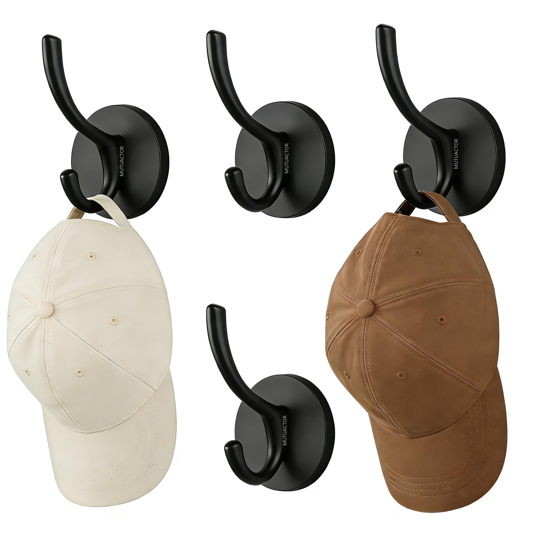 MUTUACTOR Ganchos dobles magnéticos fuertes, paquete de 4 unidades, resistentes con revestimiento de goma, ganchos grandes y resistentes para abrigo, bata, toalla, llaves, sombrero, color negro