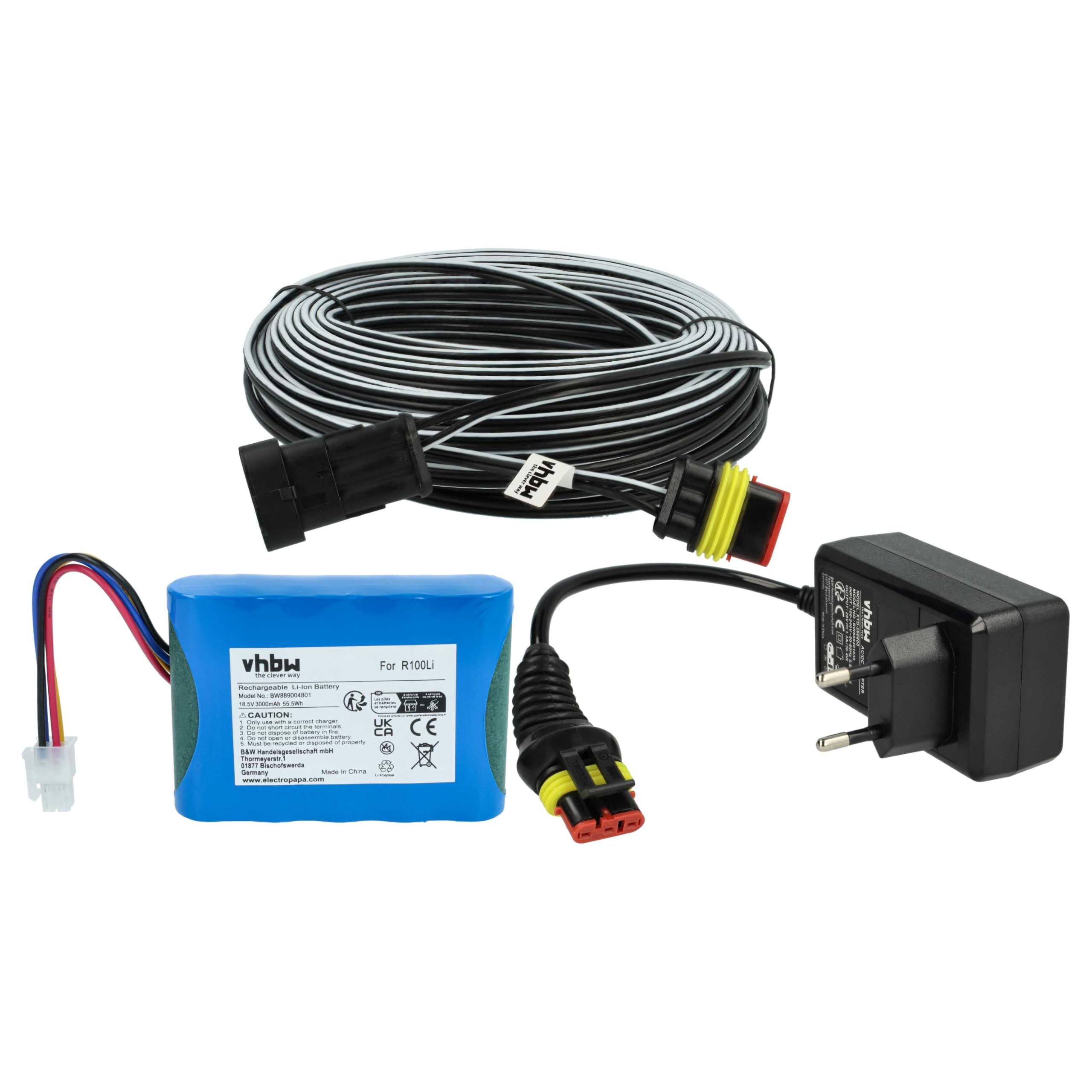 vhbw 1x Fuente alimentación, 1x bateria 3000 mAh, 1x Cable Baja tensión de 30 m Compatible con Flymo EasiLife Go 500, Go 200, Go 250 cortacésped