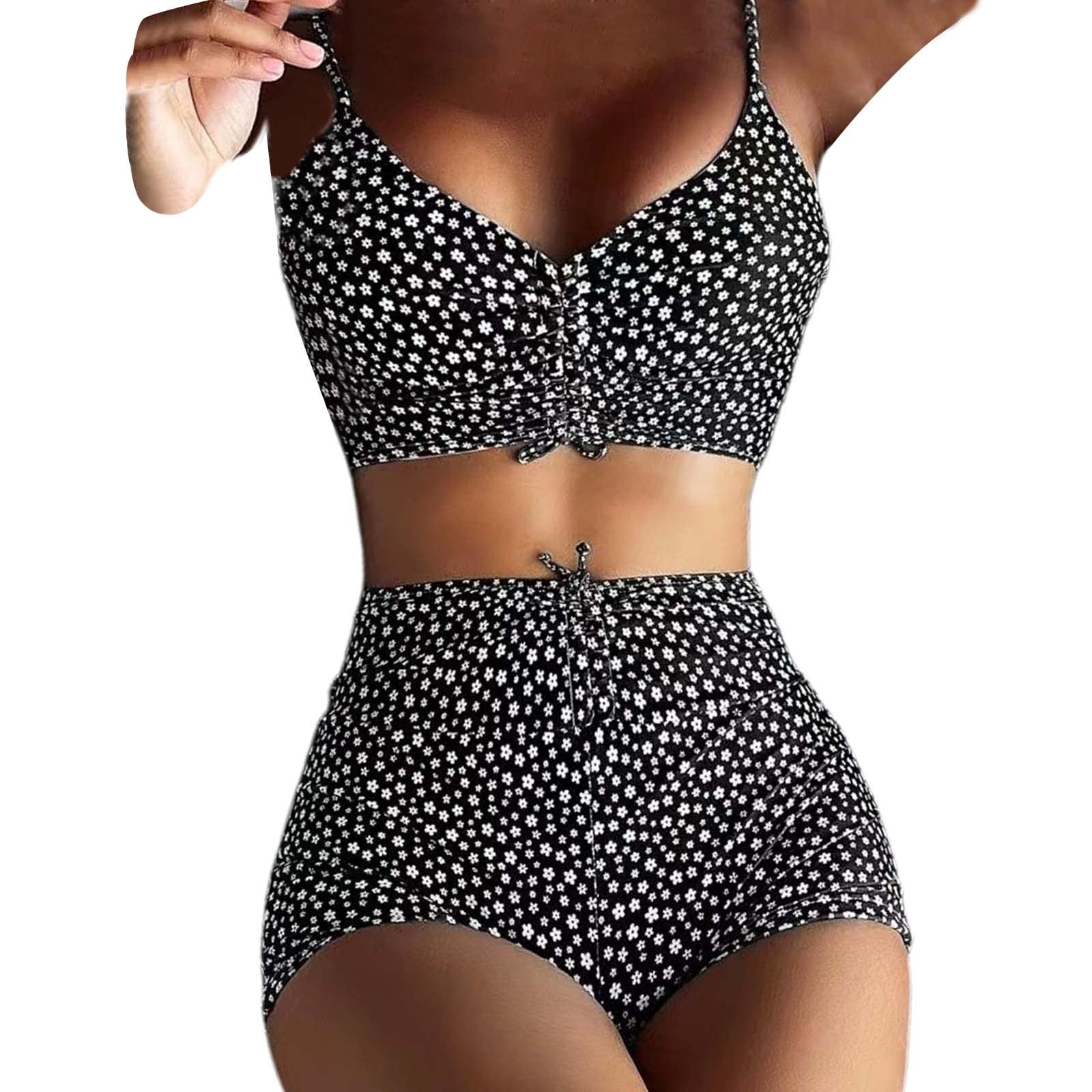 Damskie Letnie Dorywczo Dwuczęściowe Retro Kwiatowy Nadruk Kąpielówki Z Wysokim Stanem Sznurkiem Sznurowany Top, Zielony, M