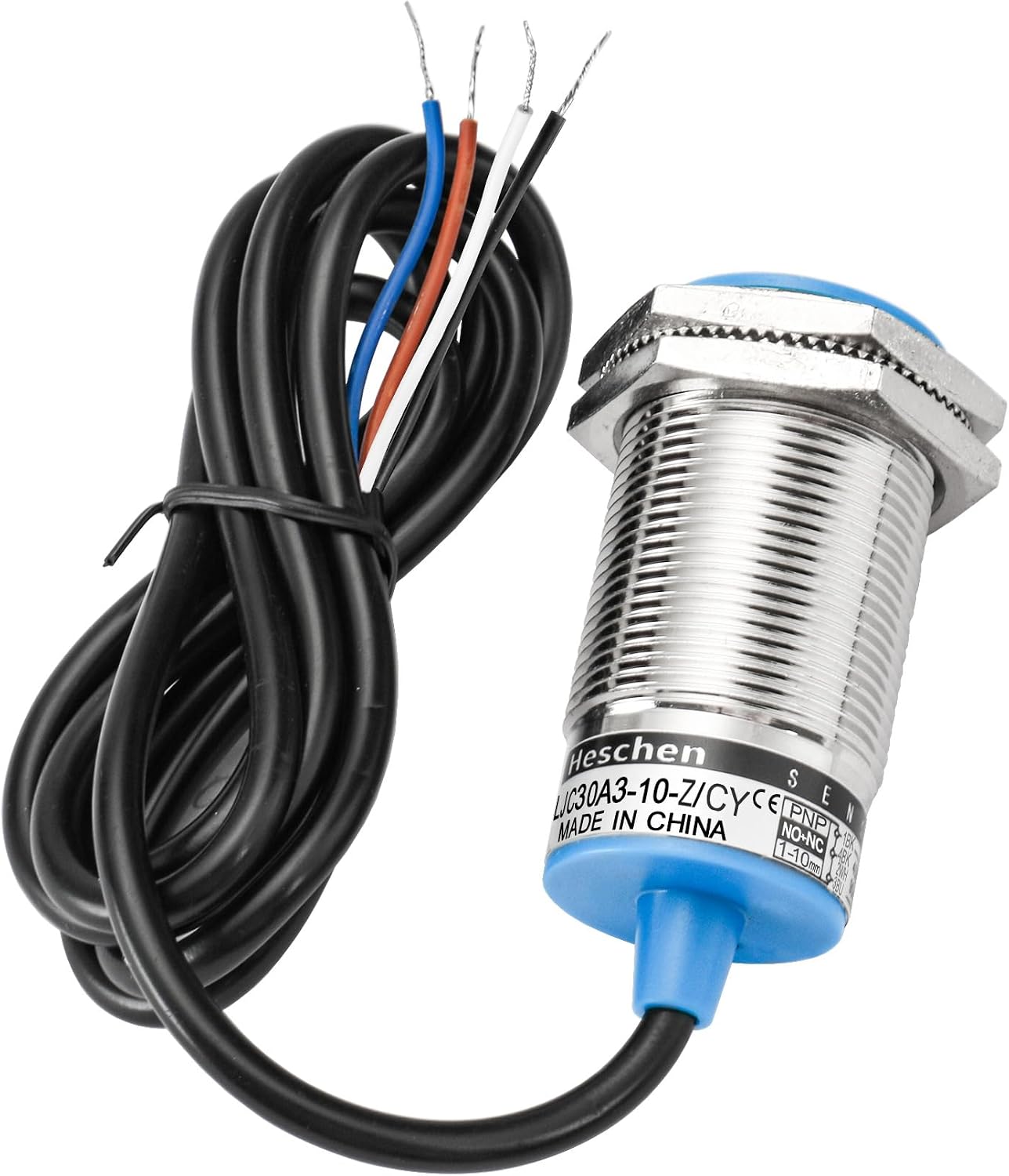 Heschen M30 Capacitive Proximity Sensor Switch, Shield Type, LJC30A3-10-Z/CY, Detection 1-10mm, 10-30VDC 200mA, PNP NO+NC, 4 Wire