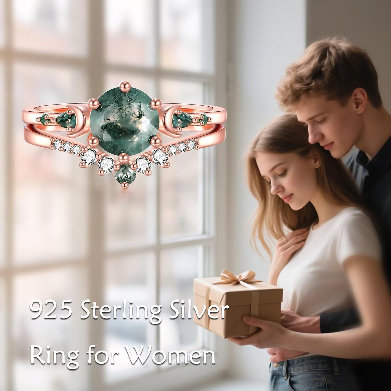 Natural Moss Agate Engagement Rings Set for Women 925 Sterling silver with plated 18k rose gold 2CT Round Green Moon Leaf Art Deco Bridal Wedding Ring Set - Image 4