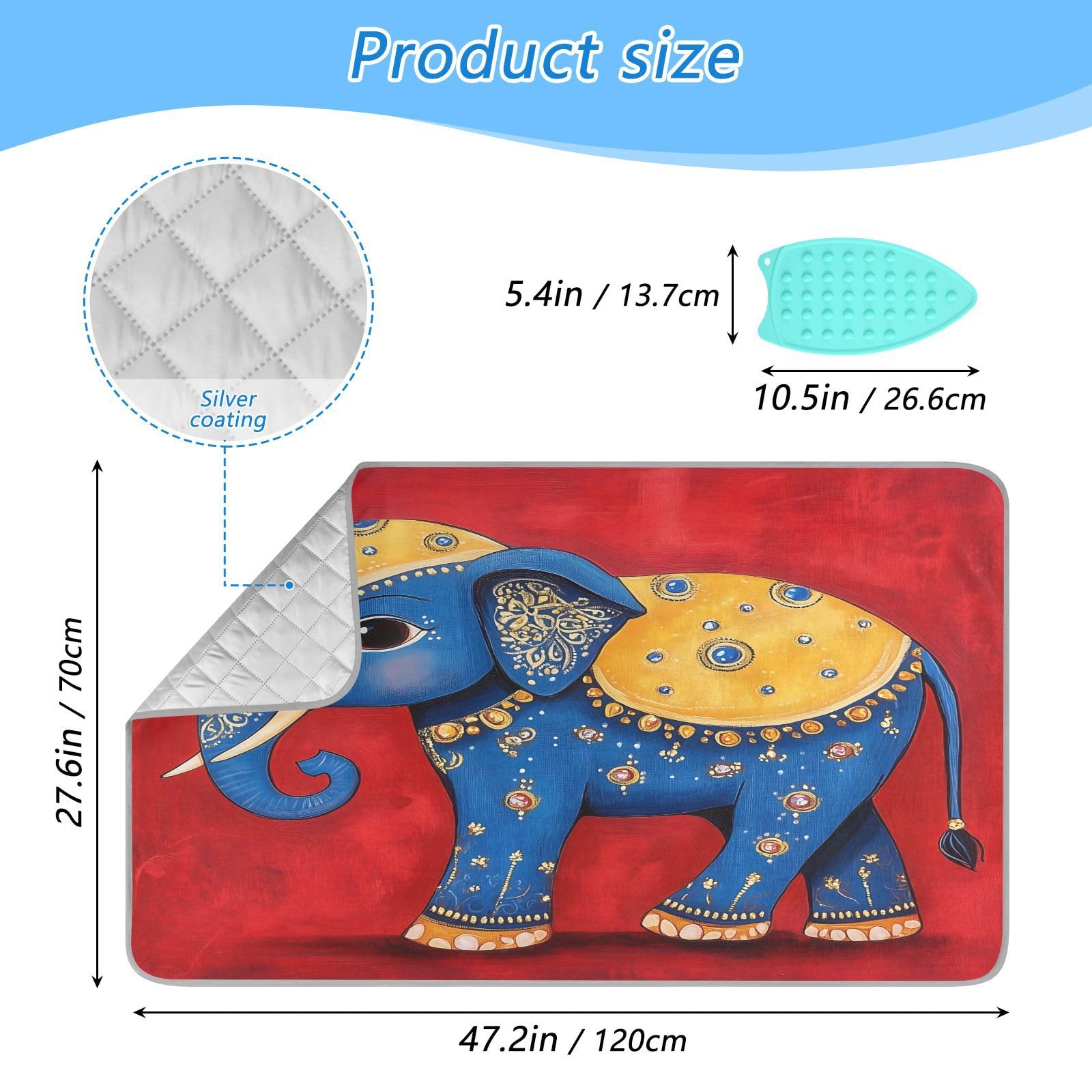 pnyoin Portable Ironing Mat Cute Happy Elephant Travel Ironing Pad with Silicone Iron Rest for Steam Pressing on Tabletop or Bed Heat Resistant Portable Quilting & Travel Blanket