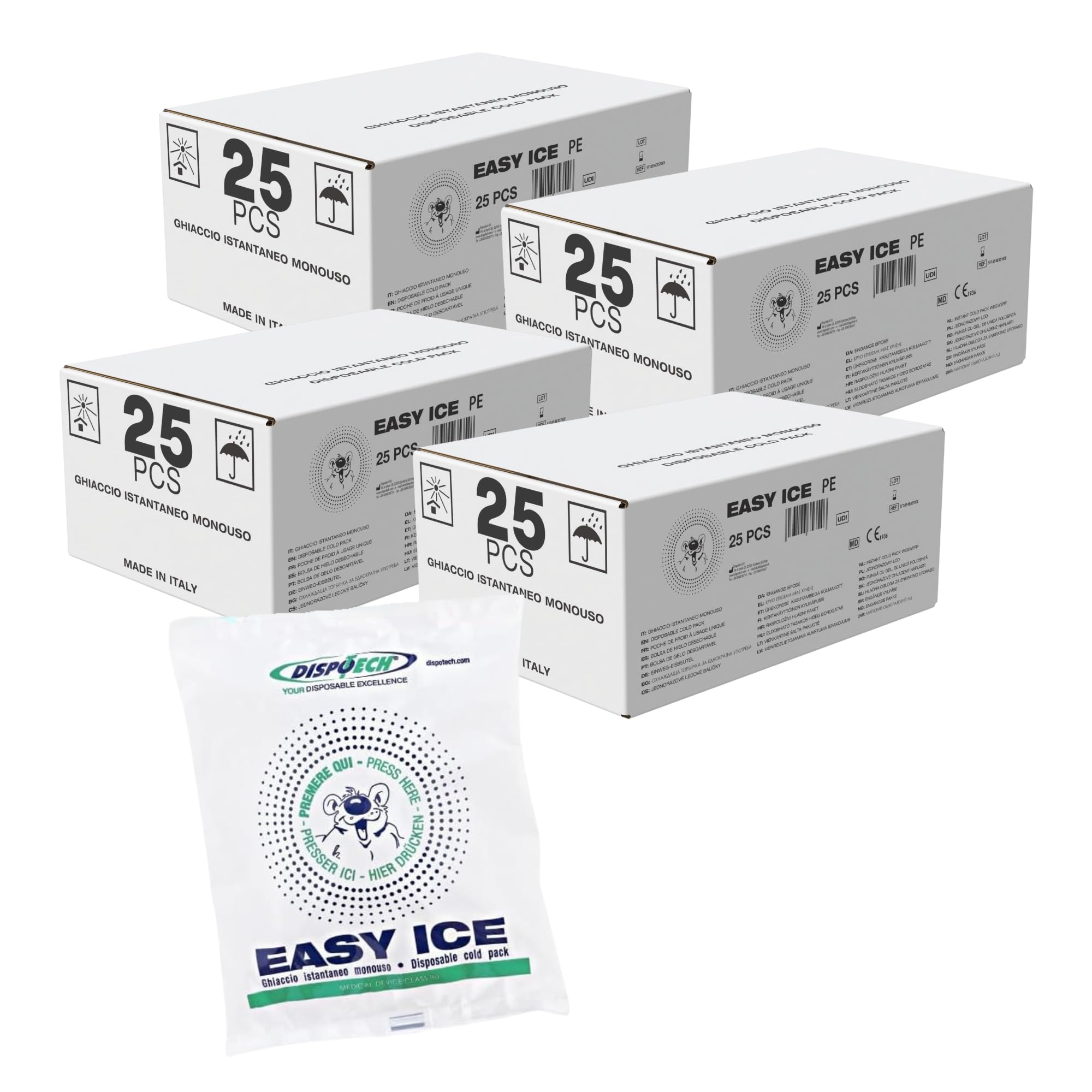 DISPOTECH - Ghiaccio Istantaneo monouso, Busta in PE - 4 Box 25pz, 100 unità - EASY ICE 14 x 18