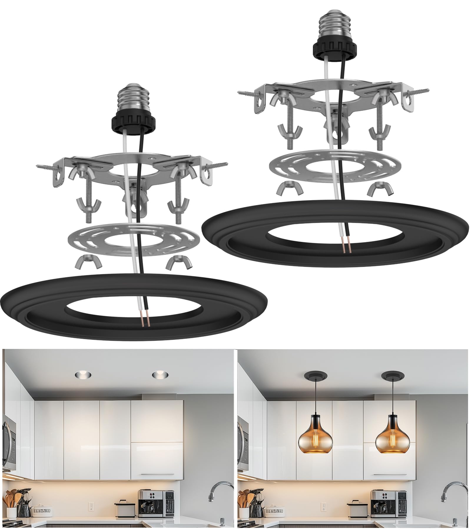 5" and 6" Recessed Can Light Conversion Kit 2-Pack, Light Fixture Upgrade, Pendant Light, Fan Compatible, Includes 7¾ Inch Decorative Plastic Medallion, Black Finish
