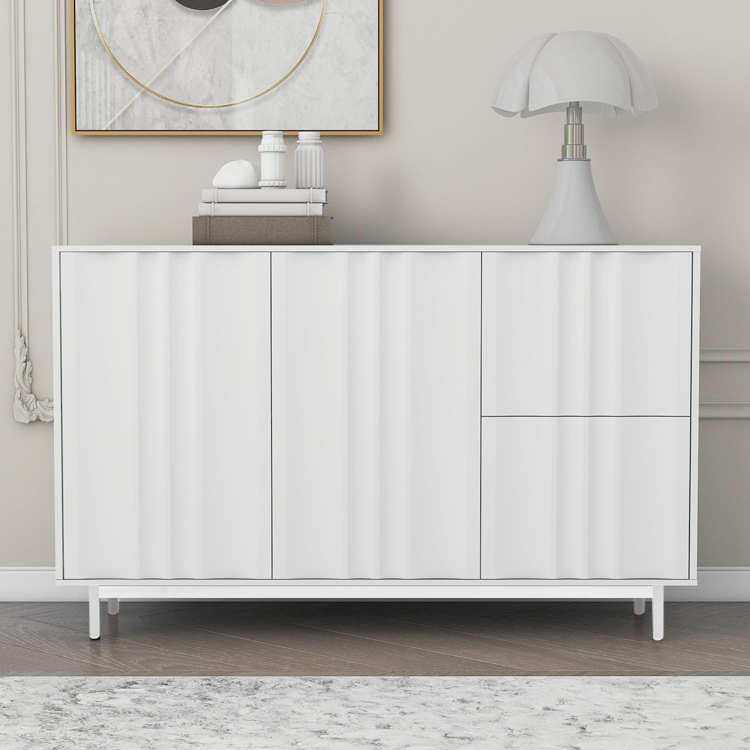 47 Inches Modern Storage Cabinet Sideboard, Wave Pattern Buffet Storage Cabinet with Adjustable Shelf & 2 Drawers, White