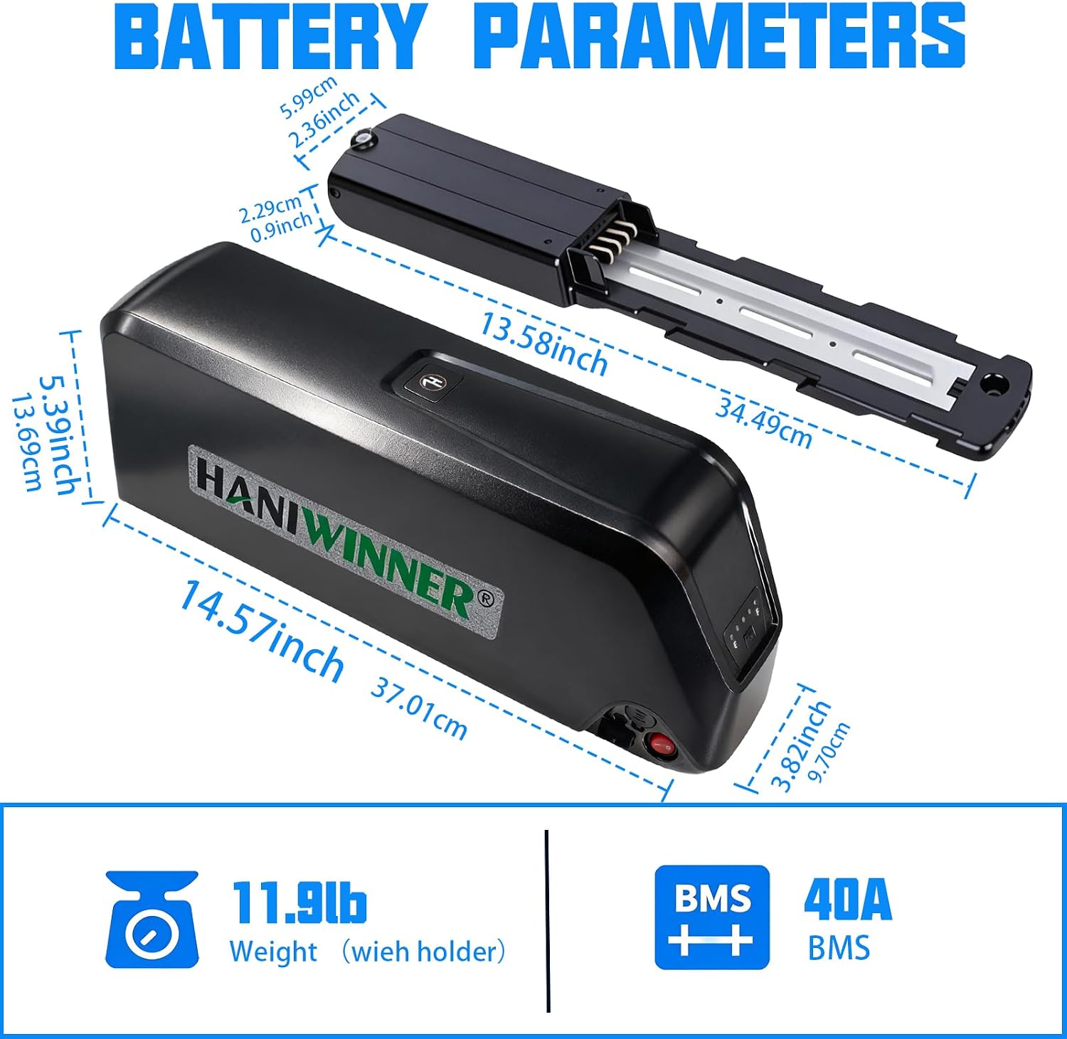 Hailong 48V 18.2Ah E-Bike Battery - High-Capacity Water Bottle Style Lithium-Ion Pack with 50A Smart BMS, Anti-Theft Key Lock and Universal 4-PIN Connector - for 250W-1500W Motors