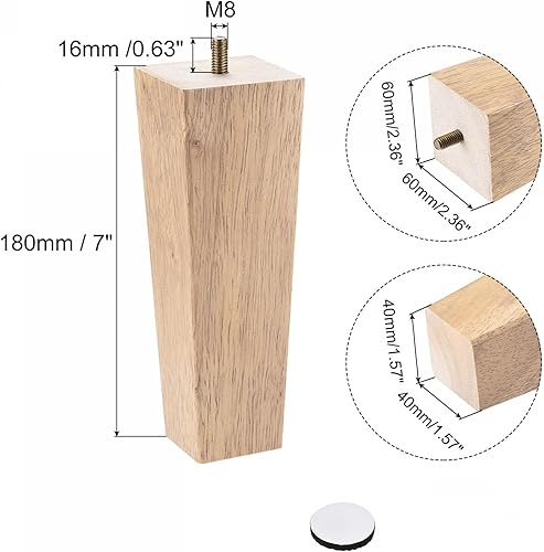 Miniatura 2 de uxcell Patas para muebles, 7 pulgadas (7.087 in), juego de 4 patas cuadradas de madera maciza para sofá, patas de silla, pies de mesa, piezas de