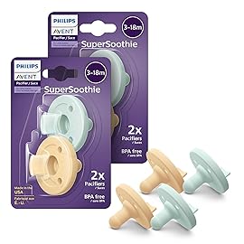 Philips Avent Soothie Orthodontic Baby Pacifiers, 100% Silicone Pacifiers, One Piece, BPA-Free, for Babies 3-18 Months, 2 Green and 2 Yellow, 4 Pack, Model SCF192/72