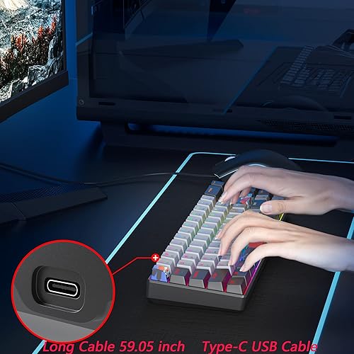 Miniatura 7 de Protable - Teclado mecánico para juegos al 60%, mini compacto RGB retroiluminado 68 teclas, teclado de oficina con cable con interruptor rojo para