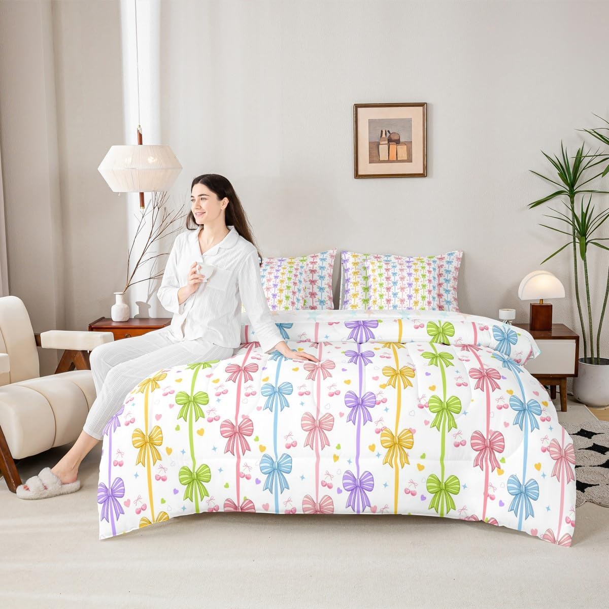 Manfei 7 Pieces Hot Pink Lips Comforter Set King Size, Pink Bowknot Bedding Set for Kids Girls Women, Watercolor Bow Lips Flower Bed in a Bag with Comforter, Fitted Sheet, Top Sheet and Pillowcases