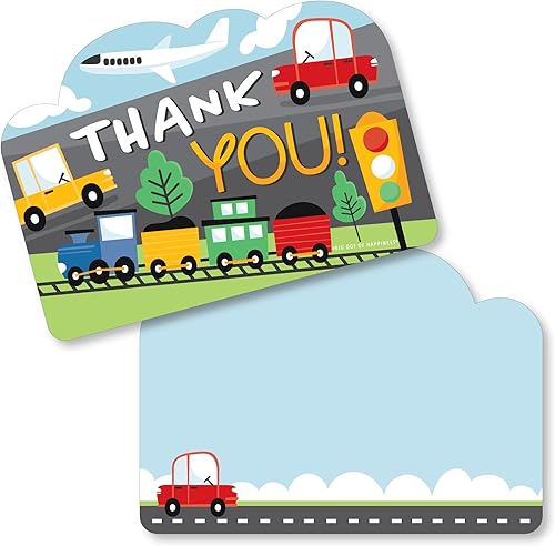 Big Dot of Happiness Carros, trenes y aviones – Tarjetas de agradecimiento en forma de transporte para fiesta de cumpleaños con sobres – Juego de 12
