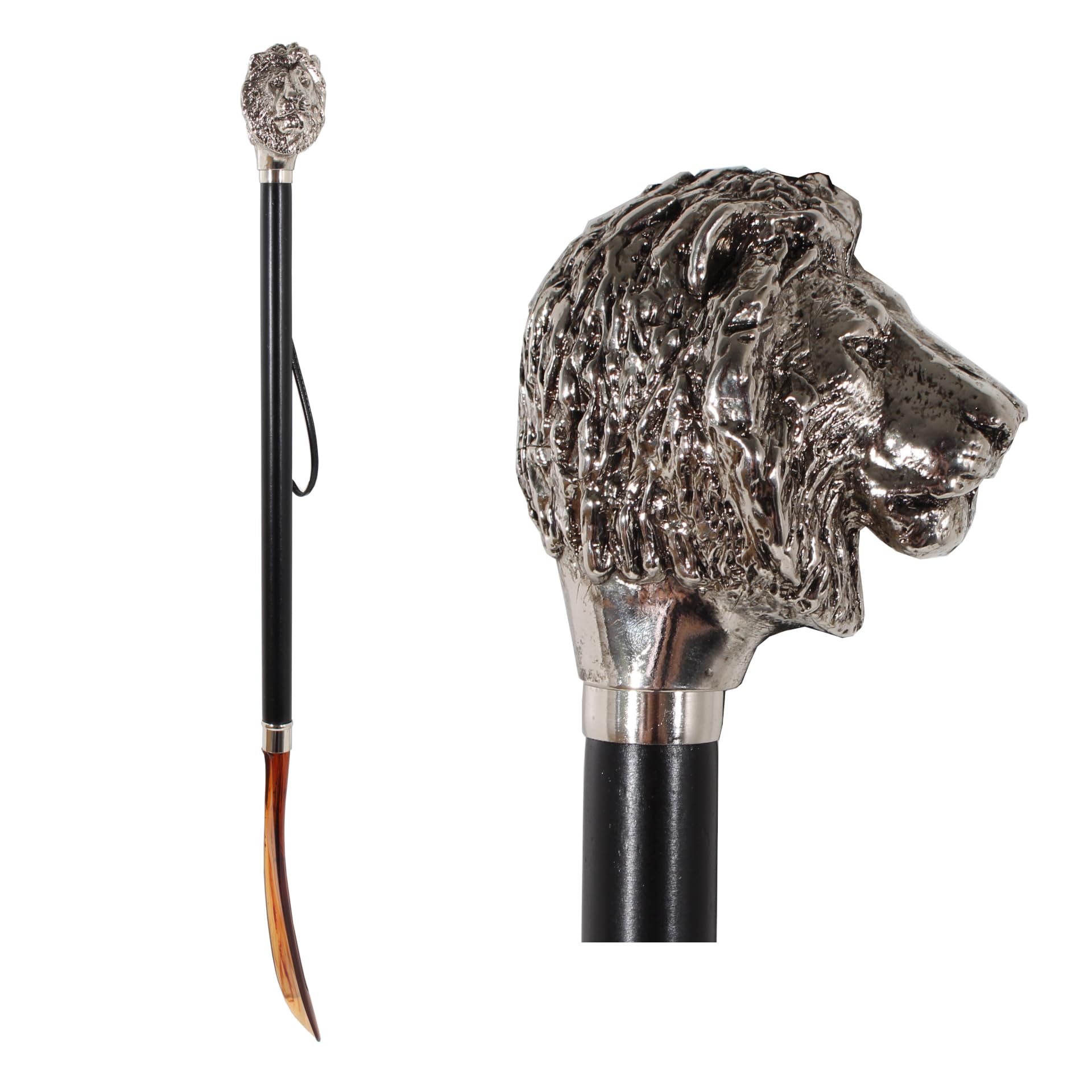 DELFA Chausse-pied design 70 cm avec poignée en forme de lion argenté – Tige en bois noir avec dragonne – L'élégante aide à l'enfilage