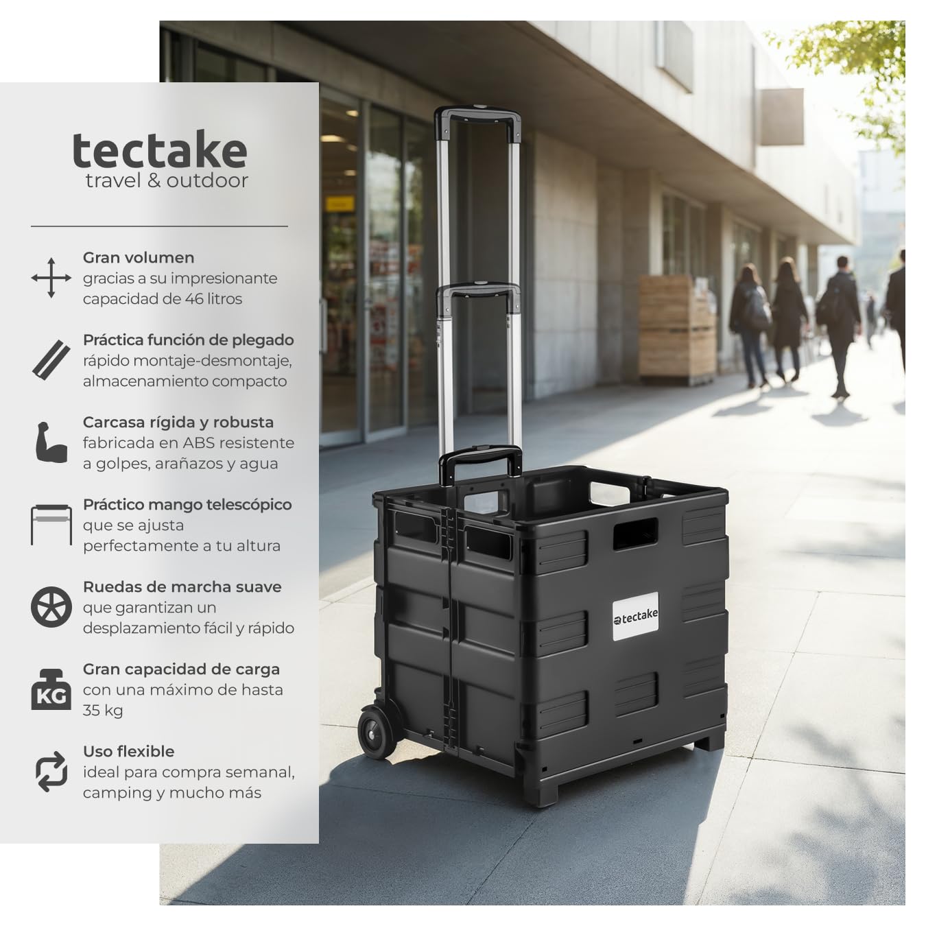 Tectake® Carrito Compra Plegable con Ruedas Grandes y Asa Telescópica, Carro Compra Plegable Compacto Tipo Caja Plastico, Ideal como Carro Supermercado - 45 x 37,5 x 97 cm