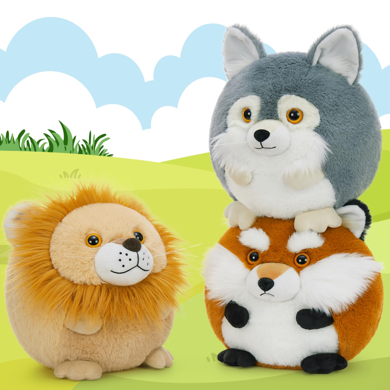 MaoGoLan 3 Pack Stuffed Animals Bulk for Kids, 14 inch Squishable Plush Pillows Bundle with Lion Wolf Fox - Christmas Easter Valentine's Day Birthday Gift