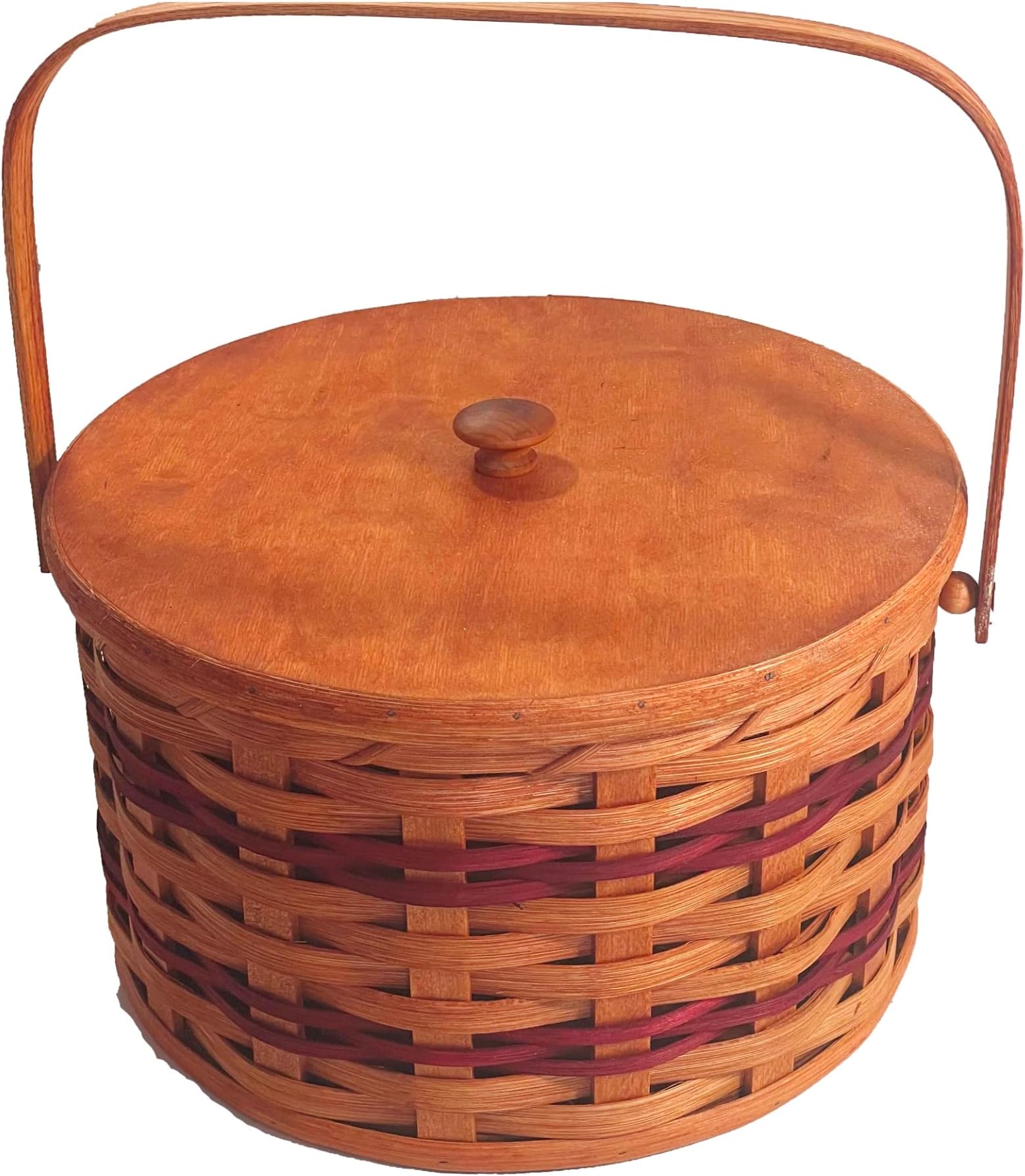 Amish Double Pie Carrier Basket Round Oak Square Swinging Handle (Red)