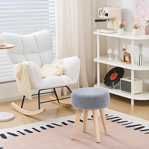 Miniatura 2 de Wimarsbon Puf otomano, reposapiés bohemio de punto 100% algodón, reposapiés redondo con patas de madera antideslizantes, decoración del hogar, puf