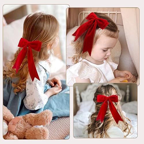 Miniatura 5 de 4 lazos de terciopelo para el cabello para niñas, pinzas para el cabello rojo, lazos largos para cola de caballo, accesorios para el cabello para
