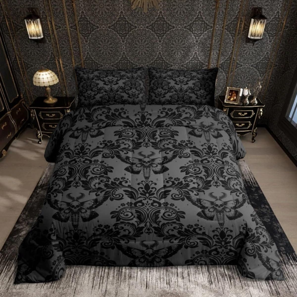 Feelyou Adults Gothic Comforter Set Twin Size Dark Olive Green Damask Comforter Death Moth Bohemia Boho Bedding Set Goth Skull Duvet Set Vintage