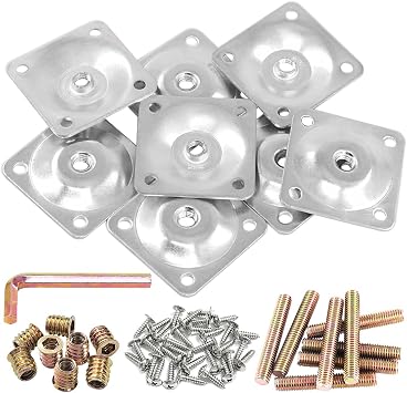 Glarks 8 Sets Sliver Furniture Leg Mounting Plates Set, 8Pcs Leg Attachment Plates with 8pcs 50mm Hanger Bolts, 32pcs Screws, 8 Pcs M8 Insert Nut for Furniture Sofa Couches Seats