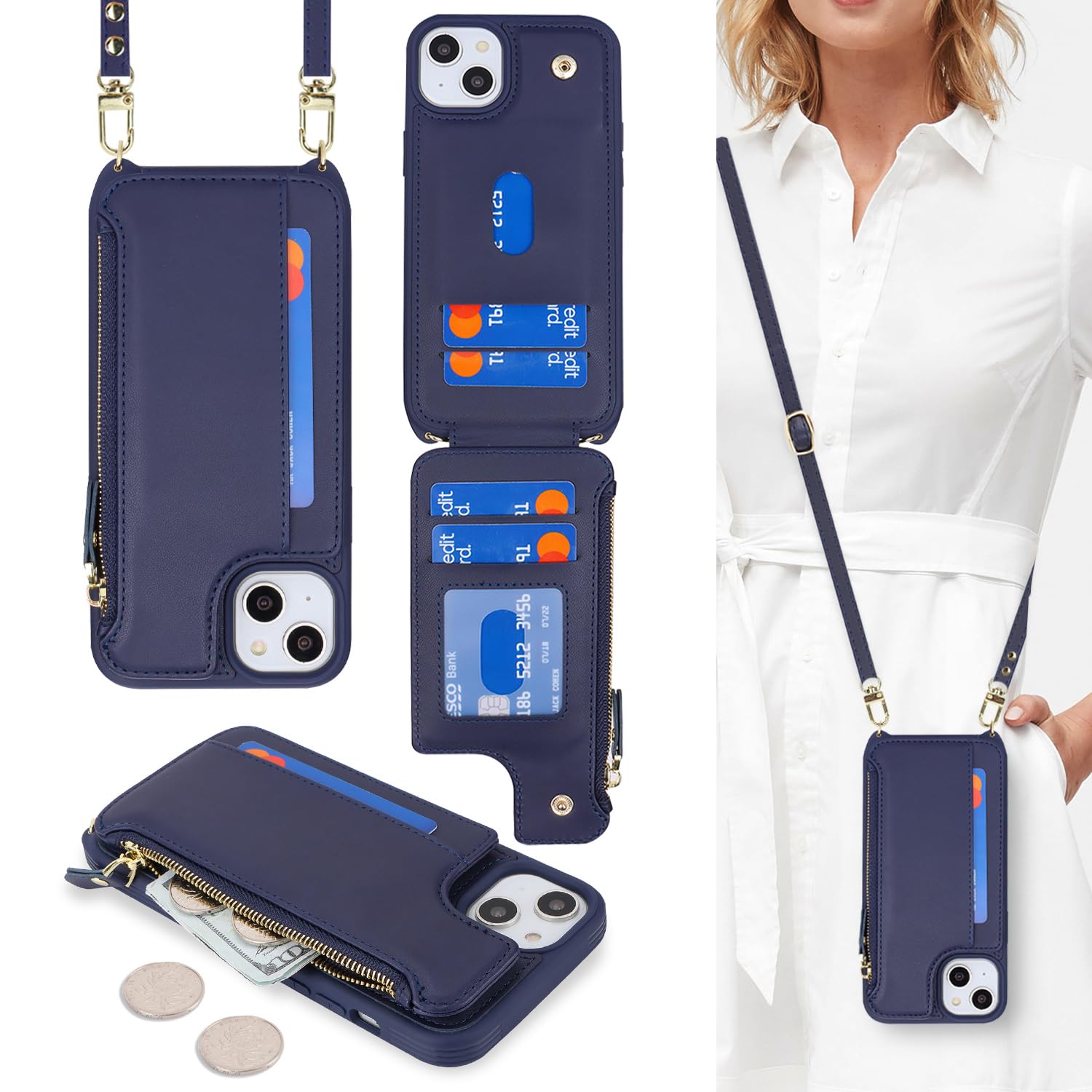 Cavor for iPhone 15 Plus Case with Card Holder,iPhone 15 Plus Wallet Case for Women,Phone Case iPhone 15 Plus Case with Strap,Crossbody Lanyard and Wristlet,Leather Zipper Pocket Case-Blue