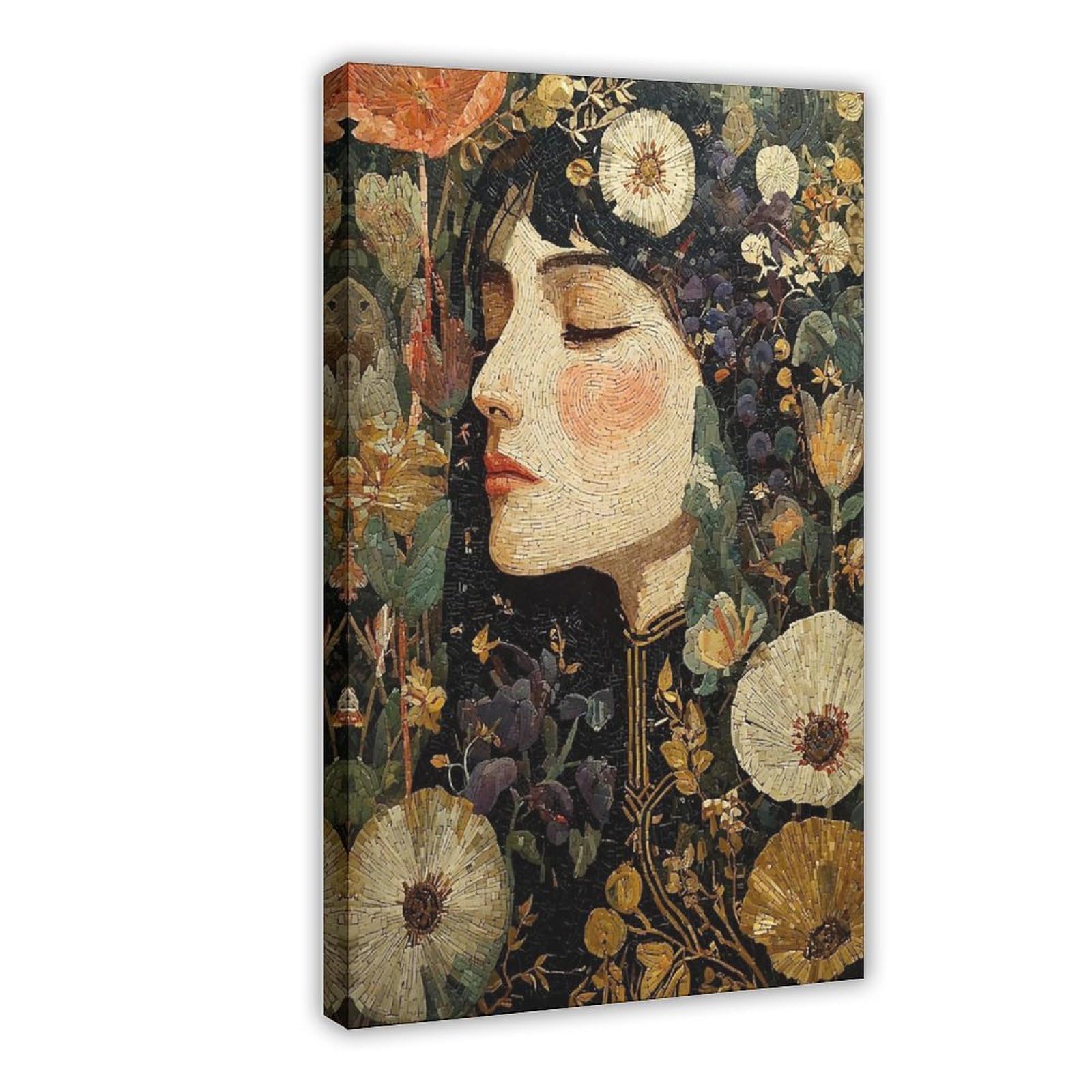 Bareronor Frame Floral Mosaic Woman Portrait Canvas Poster Bedroom Decor Landscape Office Room Decor Gift 24" L X 36" W