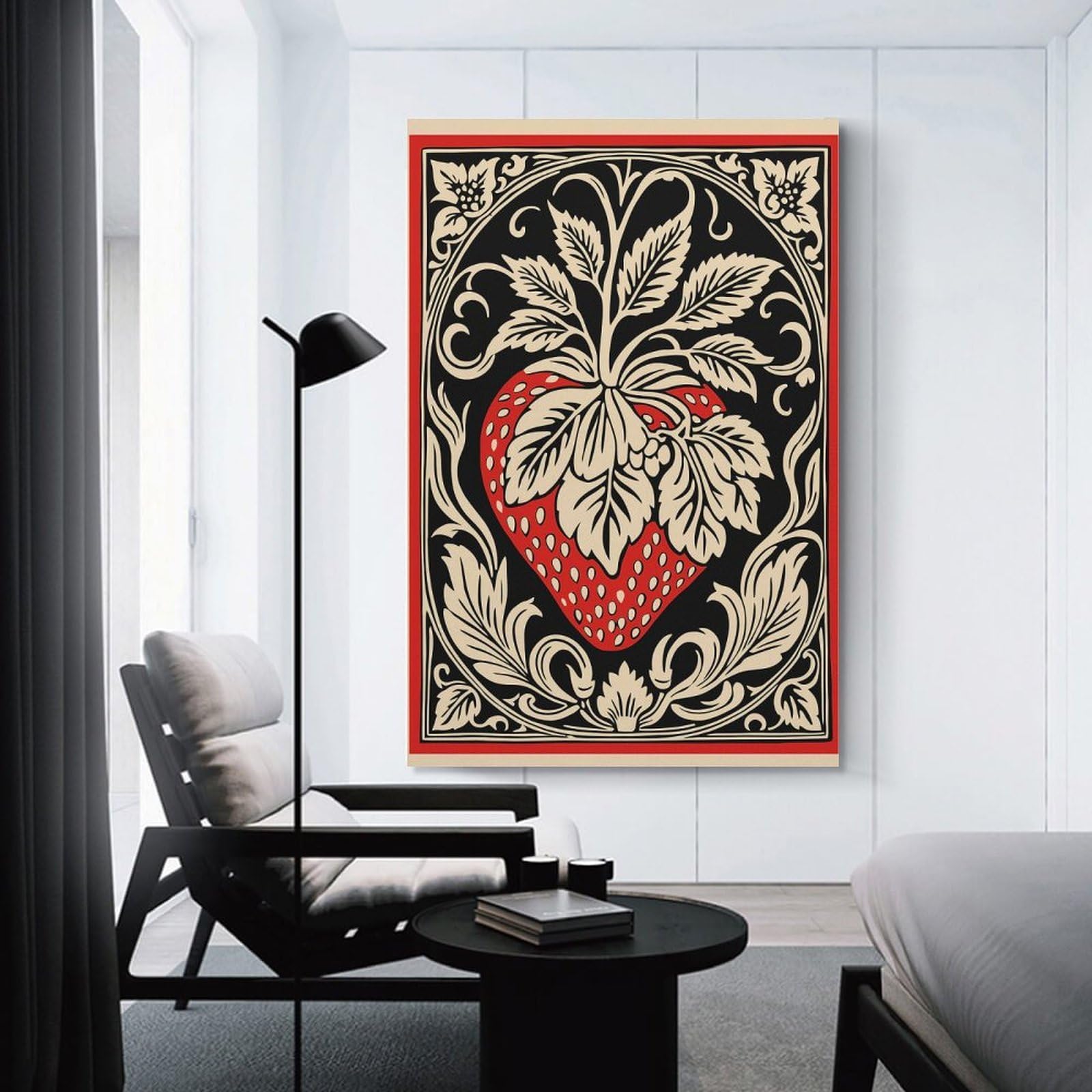 Junmoney Strawberry Floral Art Nouveau Illustration Hanging Wall Art, 24x36inch(60x90cm), for Gallery Wall Decor And Room Displays, Home Wall Art for Statement Displays