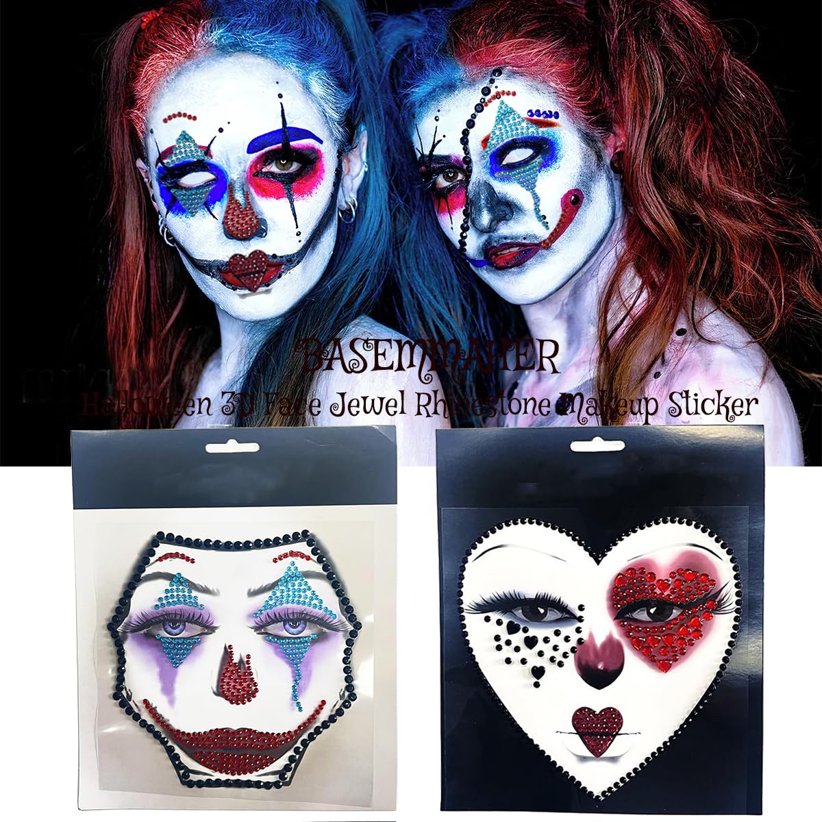 Halloween Face Gems Jewels Tattoos for Women Day of the Dead Face Skull Clown Temporary Tattoos Glitter Rhinestone Crystal Stones Makeup Stickers for Halloween Rave Cosplay Party 2Pcs - Image 2