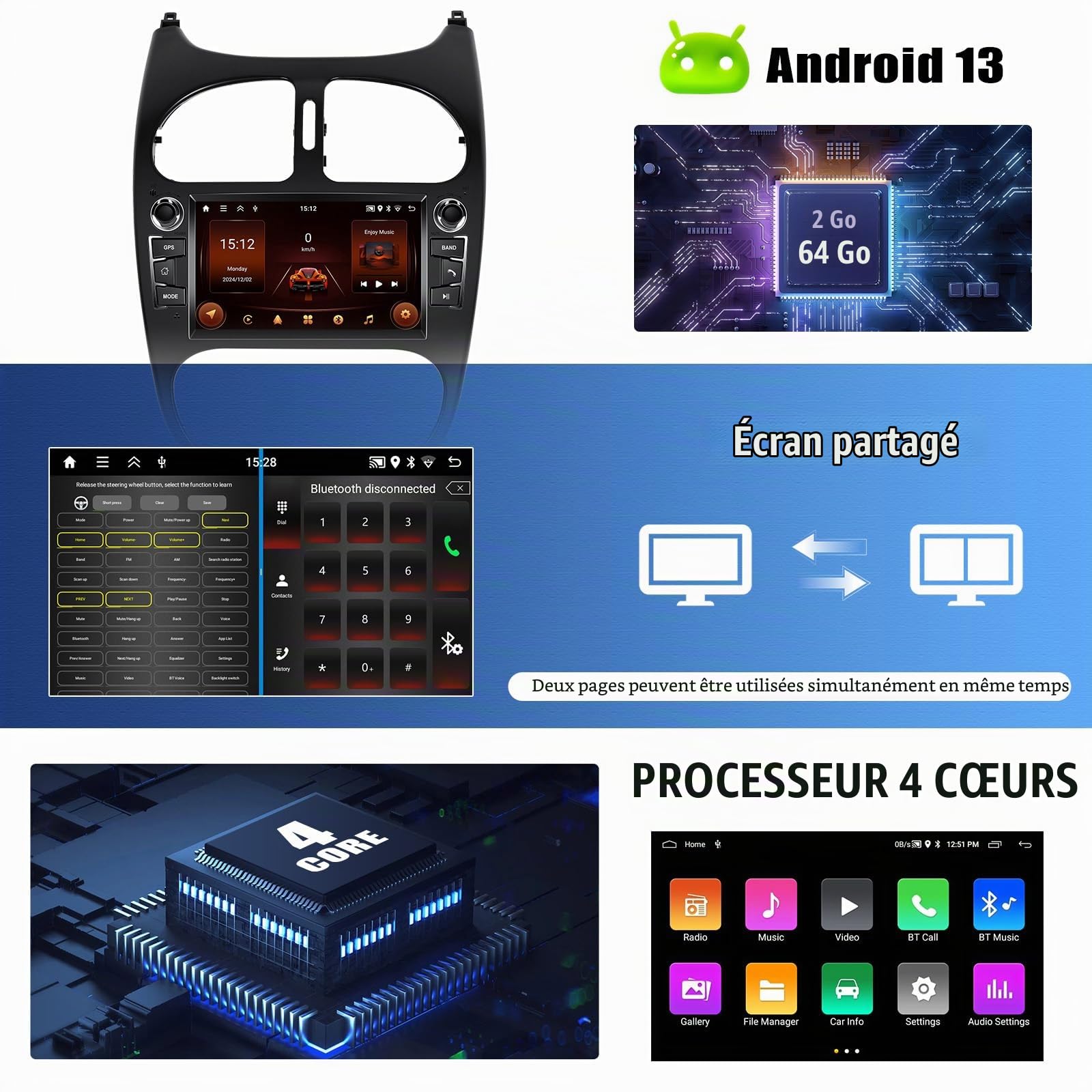 Android 15, 2G+64G CAMECHO Autoradio pour Peugeot 206 206CC 2002-2010 avec Carplay Android Auto, 7 Pouces Écran Tactile avec GPS Navi WiFi Mirror Link Bluetooth FM/RDS SWC Caméra de Recul