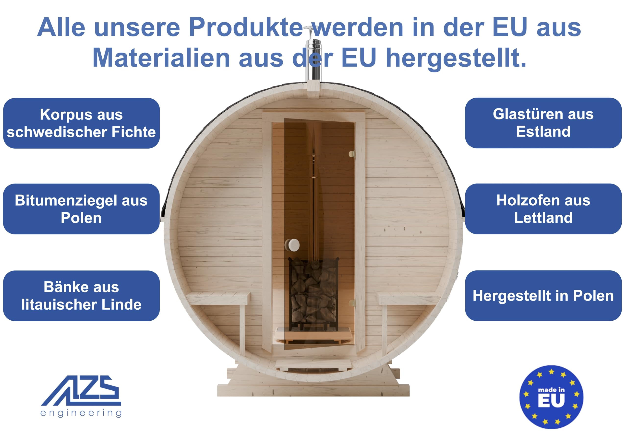 Fasssauna Gartensauna aus Fichtenholz mit Holzofen ETNA – 2–6 Personen