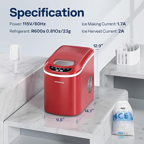 Miniatura 7 de VIVOHOME Máquina eléctrica portátil compacta para hacer cubitos de hielo automática con cuchara de mano y función de autolimpieza, 26 librasdía rojo