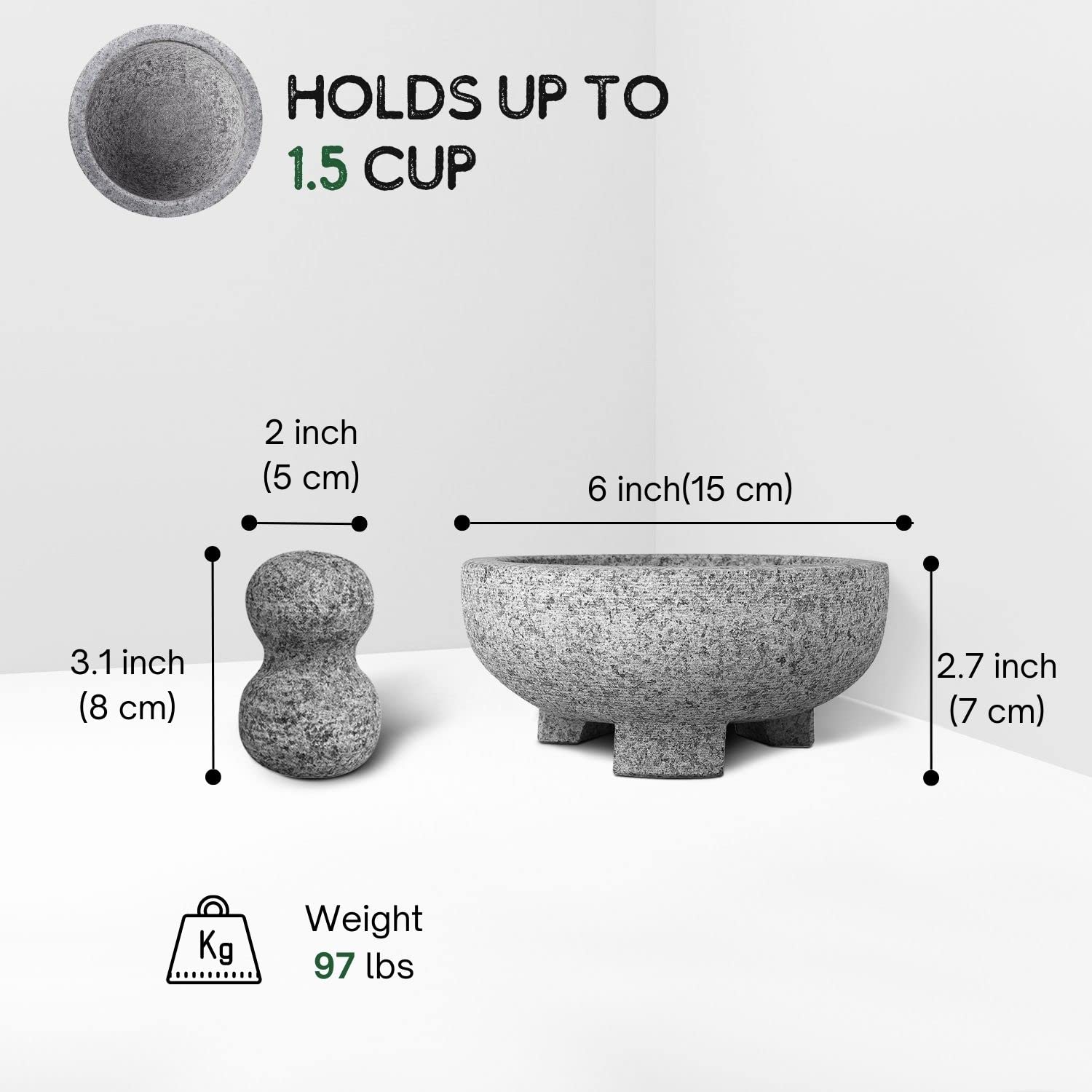 Flexzion Ensemble de mortier et pilon en granit massif - Support de bol en molcajete de 15,2 cm pour guacamole, herbes, épices, ail, cuisine, médecine