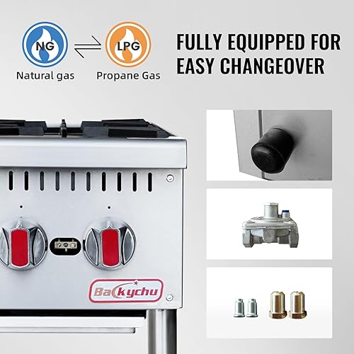 Miniatura 5 de Estufa de gas comercial de 2 quemadores  Cocina de encimera de 50,000 BTU, equipo de cocina de acero inoxidable para restaurantes, cocinas,