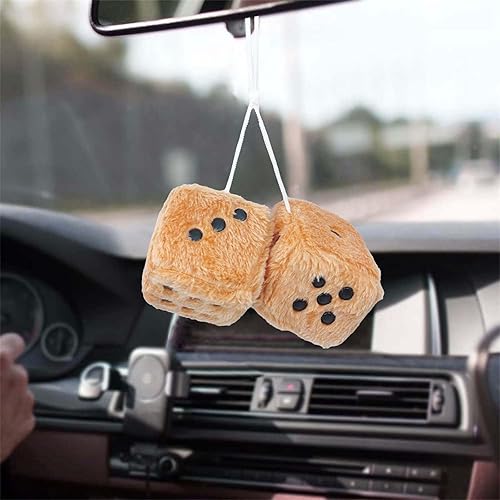 Miniatura 2 de Par de dados de felpa mullidos con espejo de 3 pulgadas, marrones con puntos negros, adorno decorativo colgante de felpa suave blanca y negra para