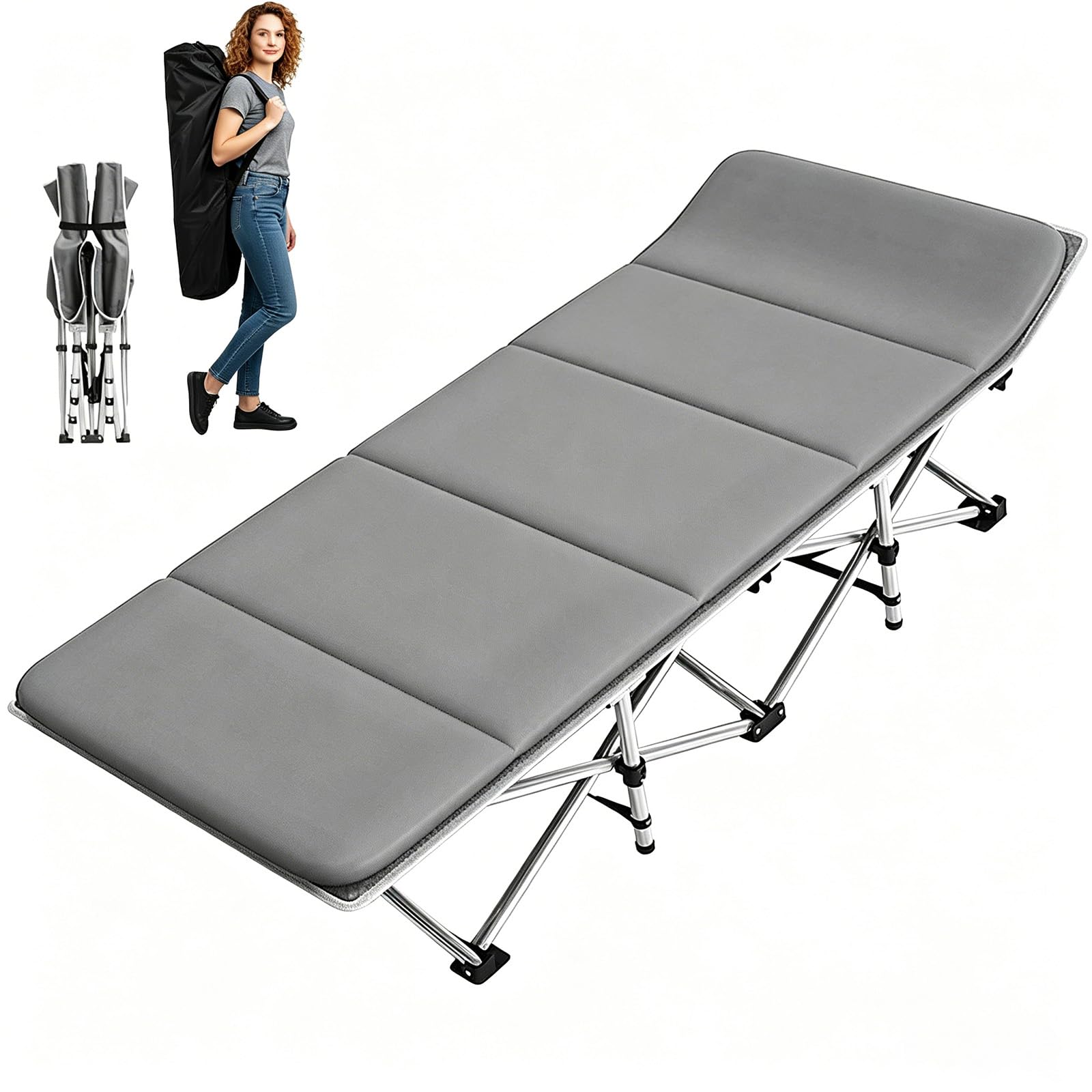 Tragbares, faltbares Campingbett mit Matratze, strapazierfähig, übergroßes Nickerchenbett für Camping, Büro, Wandern, Angeln, Schlafliege, Reisen, Zuhause, 299,8 kg Tragkraft
