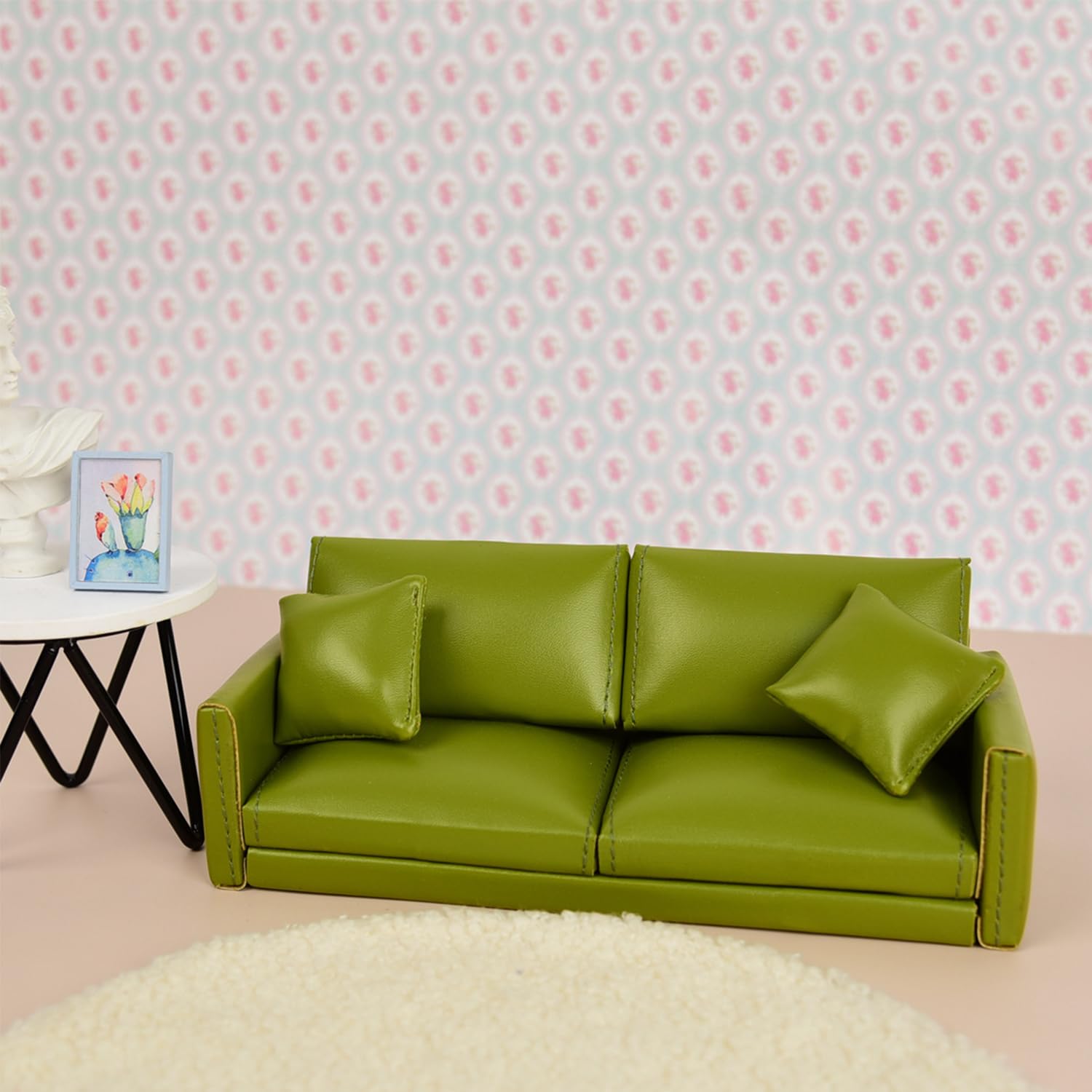Minamzee 1:12 Dollhouse Leather Sofa, Miniature Modern Double Sofa with Pillows - Image 4