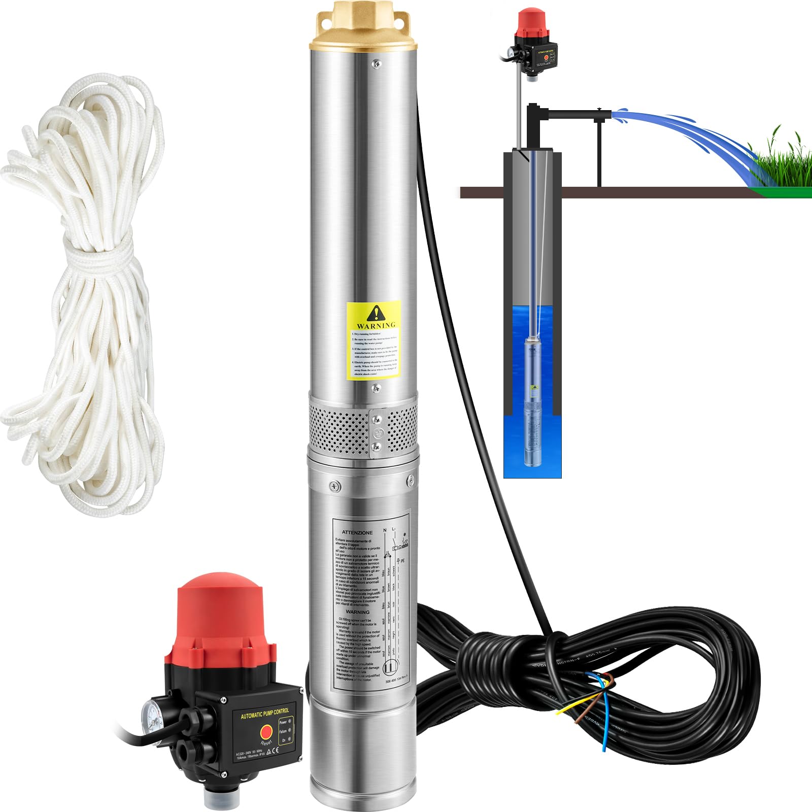 VEVOR Bomba de Pozo Profundo Motor de 550W Bomba Sumergible para Pozo 230 V 50 Hz Bomba de Agua Sumergible para Pozos Flujo Máximo de 50 L/​min con Interruptor Automático para Tierras de Cultivo Minas