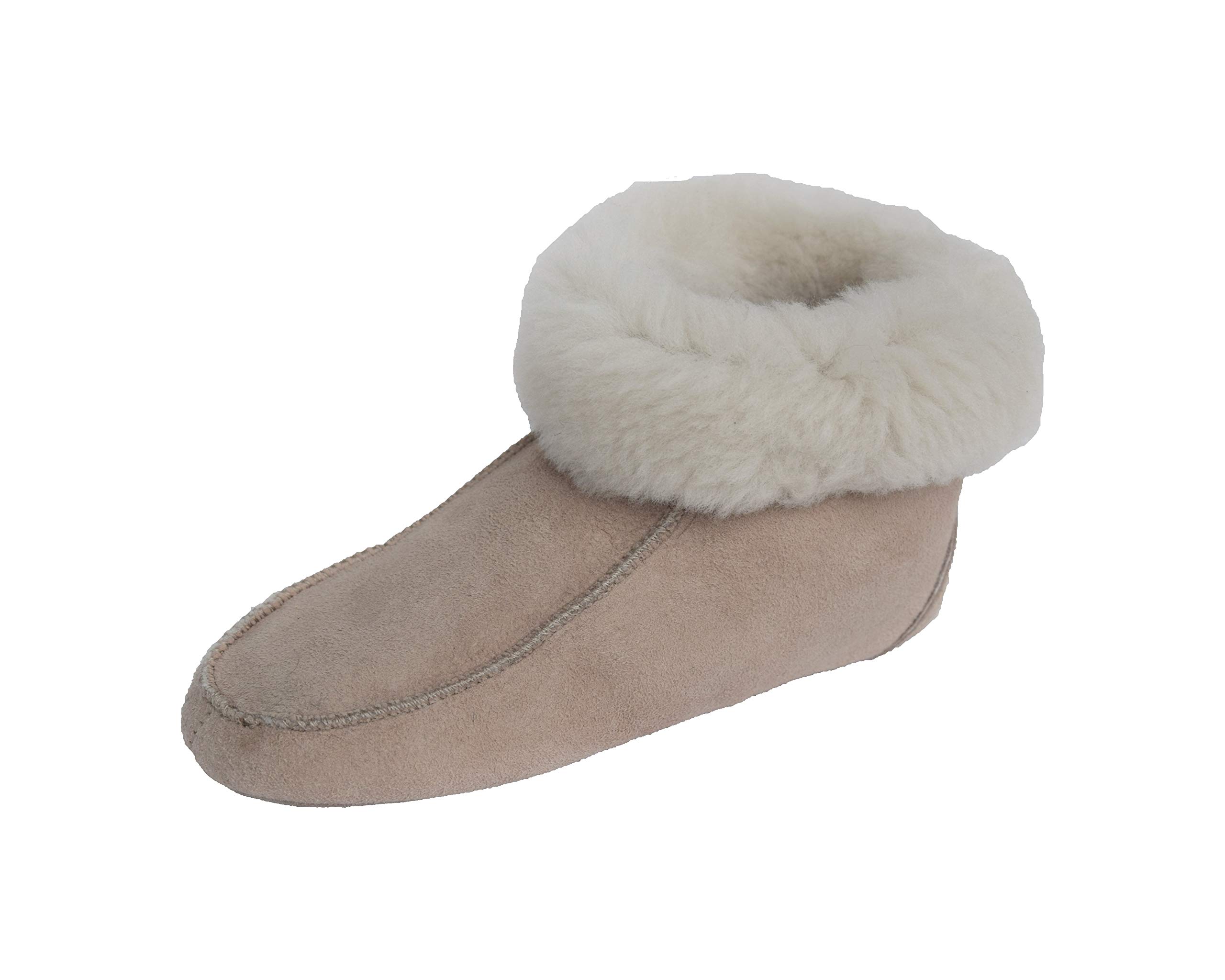 Naturasan Chaussons en peau d'agneau pour femme | Mocassins avec semelle en cuir | Chaussons en peau d'agneau avec manchette, HS-01, beige