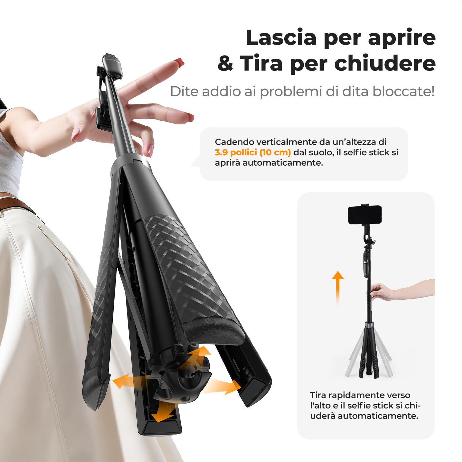 K&F CONCEPT 177cm Treppiede per cellulare, Adatto per DJI OSMO POCKET 4&3, 4 Gambe e Maniglia Stabilizzatrice, Telecomando Bluetooth, Rotazione 360°, Bastone Selfie per iPhone e Android, Viaggi e Vlog