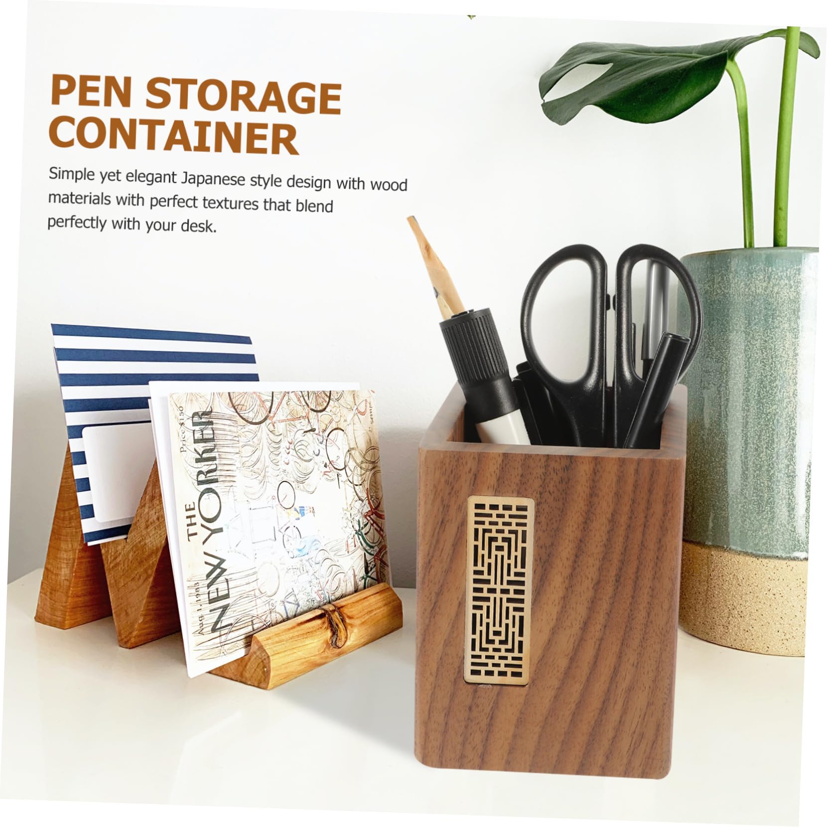 WOONEKY Cubo de Almacenamiento de Madera Portalápices Organizador de Escritorio Japonés Contenedor Creativo para Bolígrafos de Oficina Accesorios Hogar