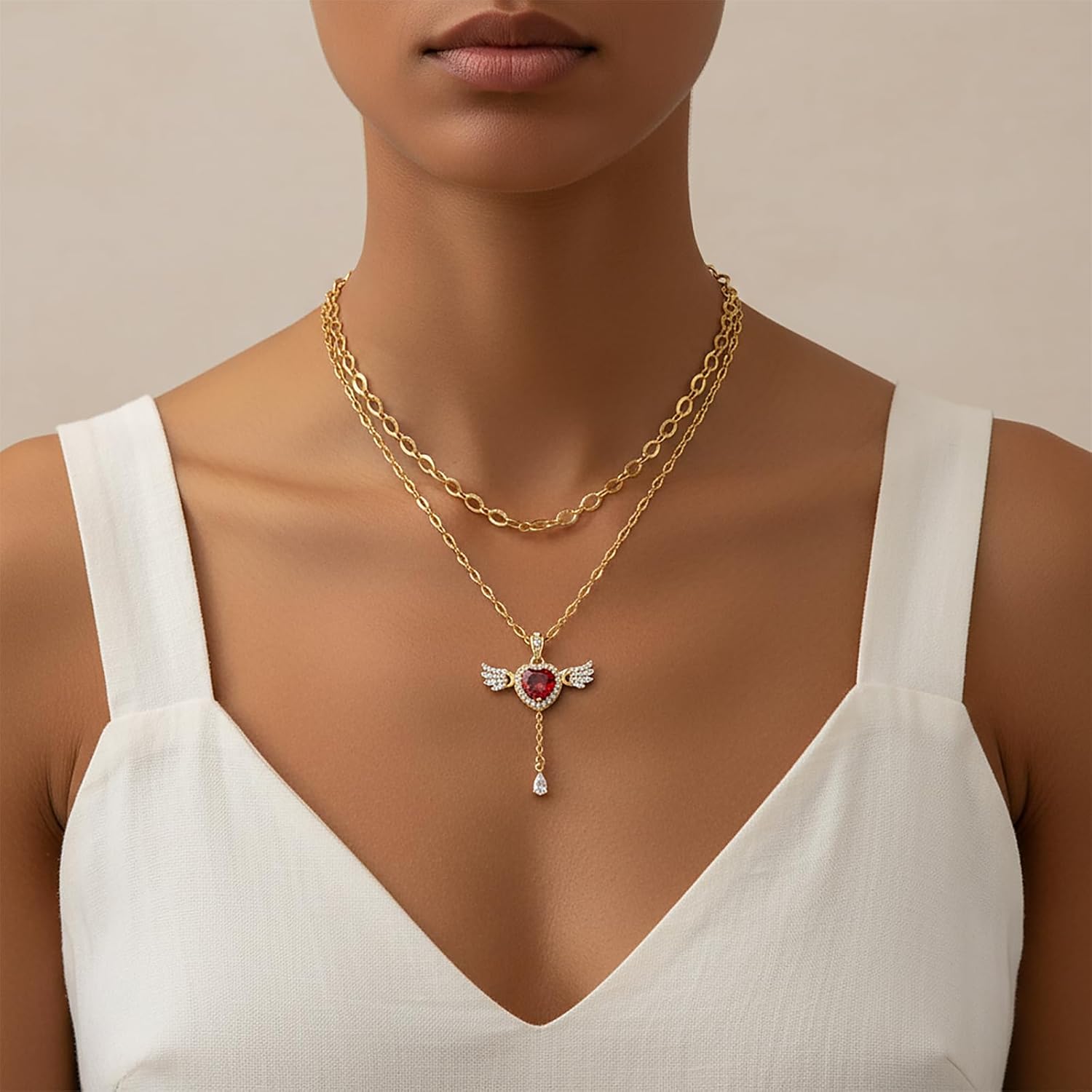 Angel Heart Necklace for Women Trendy,14k Gold Plated Dainty Layered Necklaces Set Cubic Zirconia Love Drop Pendant with Movable Wings Personalized Choker Chain Jewelry Gifts for Her - Image 2