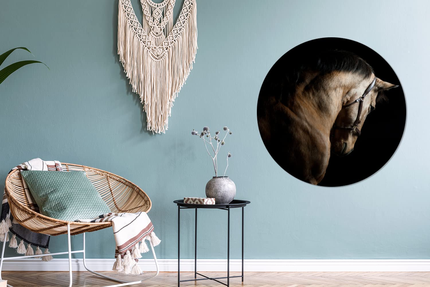 MuchoWow Wandbild Rund Wanddeko Deko Wohnzimmer Bilder 90x90 cm Pferde - Halfter - Schwarz